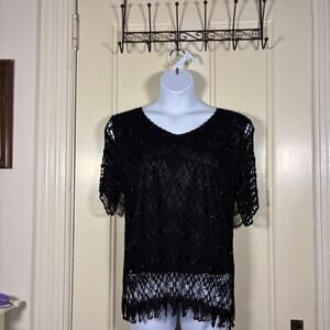 Rhinestones and Lace Top XL Black Lace Overlay Glam Holiday Party Evening Wear